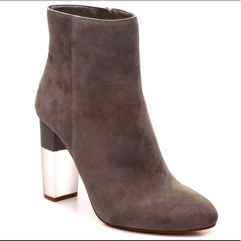 ENZO ANGIOLINI Hadie Gray Suede Leather Lucite Block Heel Booties sz 40